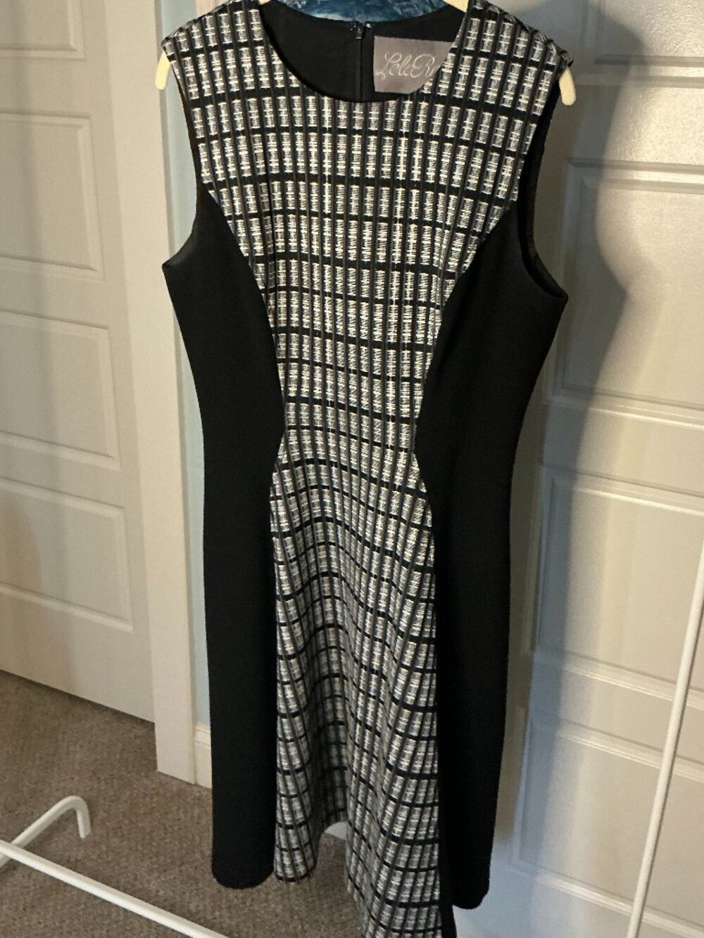 Lela Rose Check Paneled Contrast Sleeveless Dress Black White- Size 10